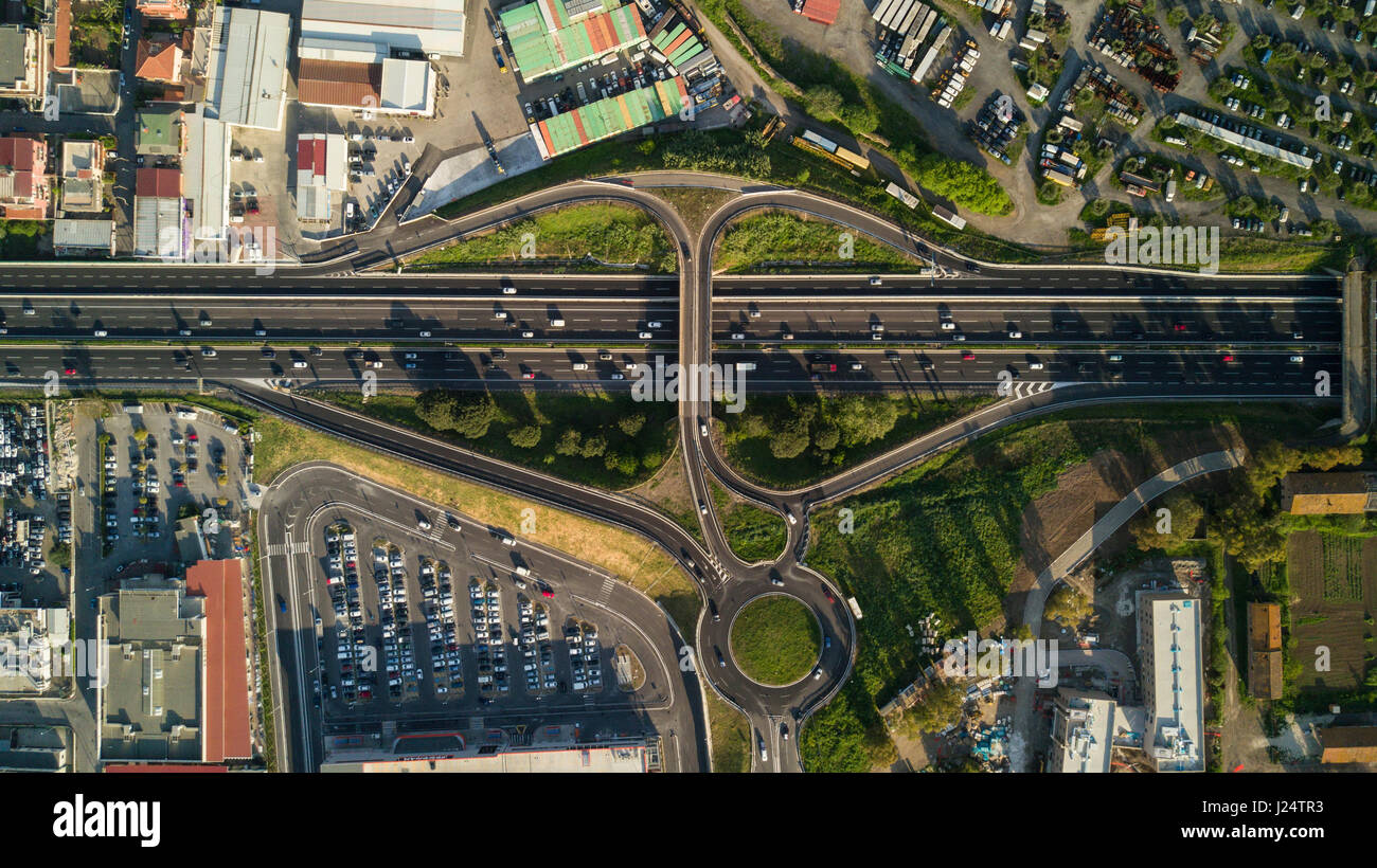 Aerial highway junction. Busy highway from aerial view. Urban highway ...