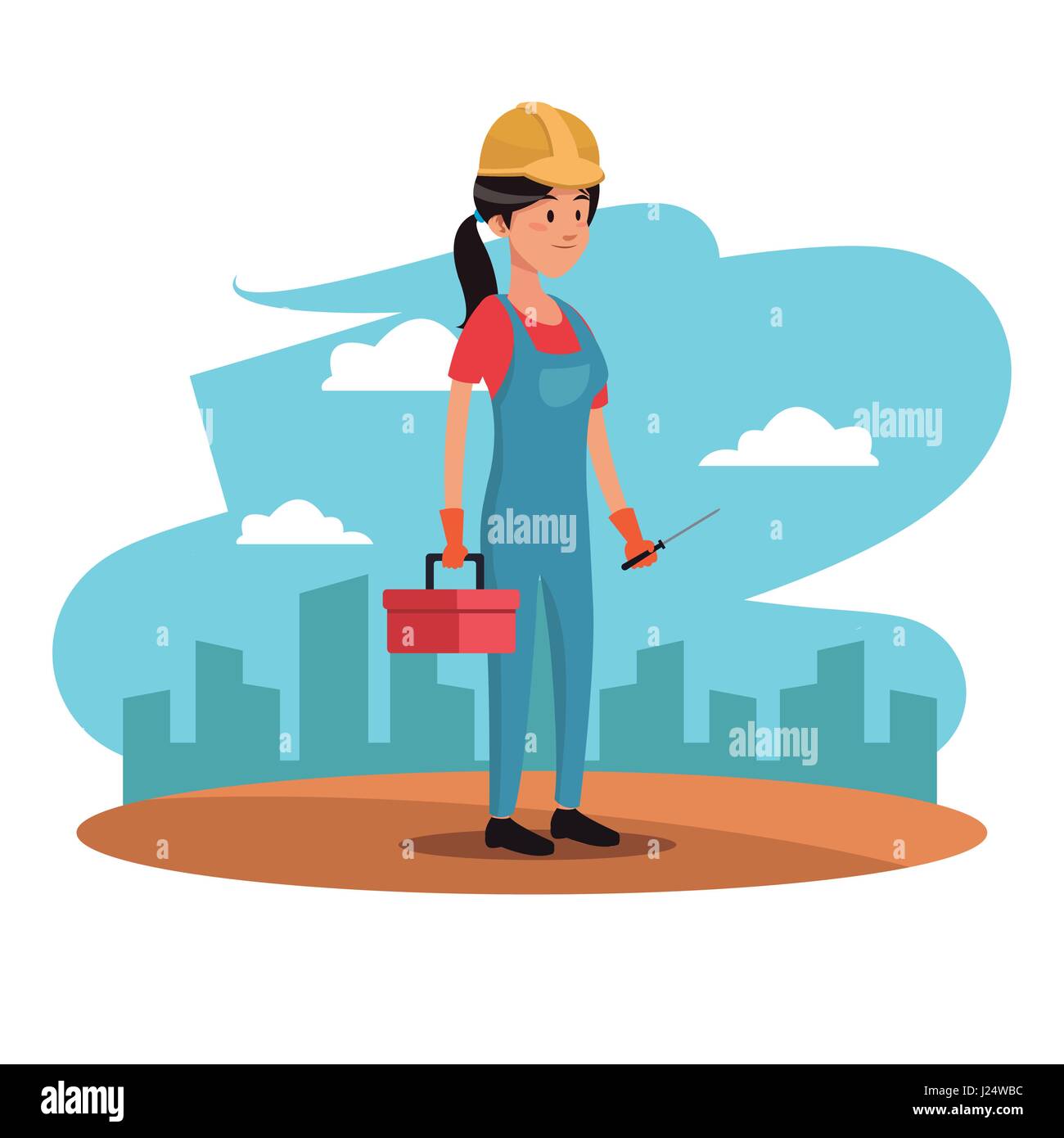 character woman employee worker construction toolkit urban background ...