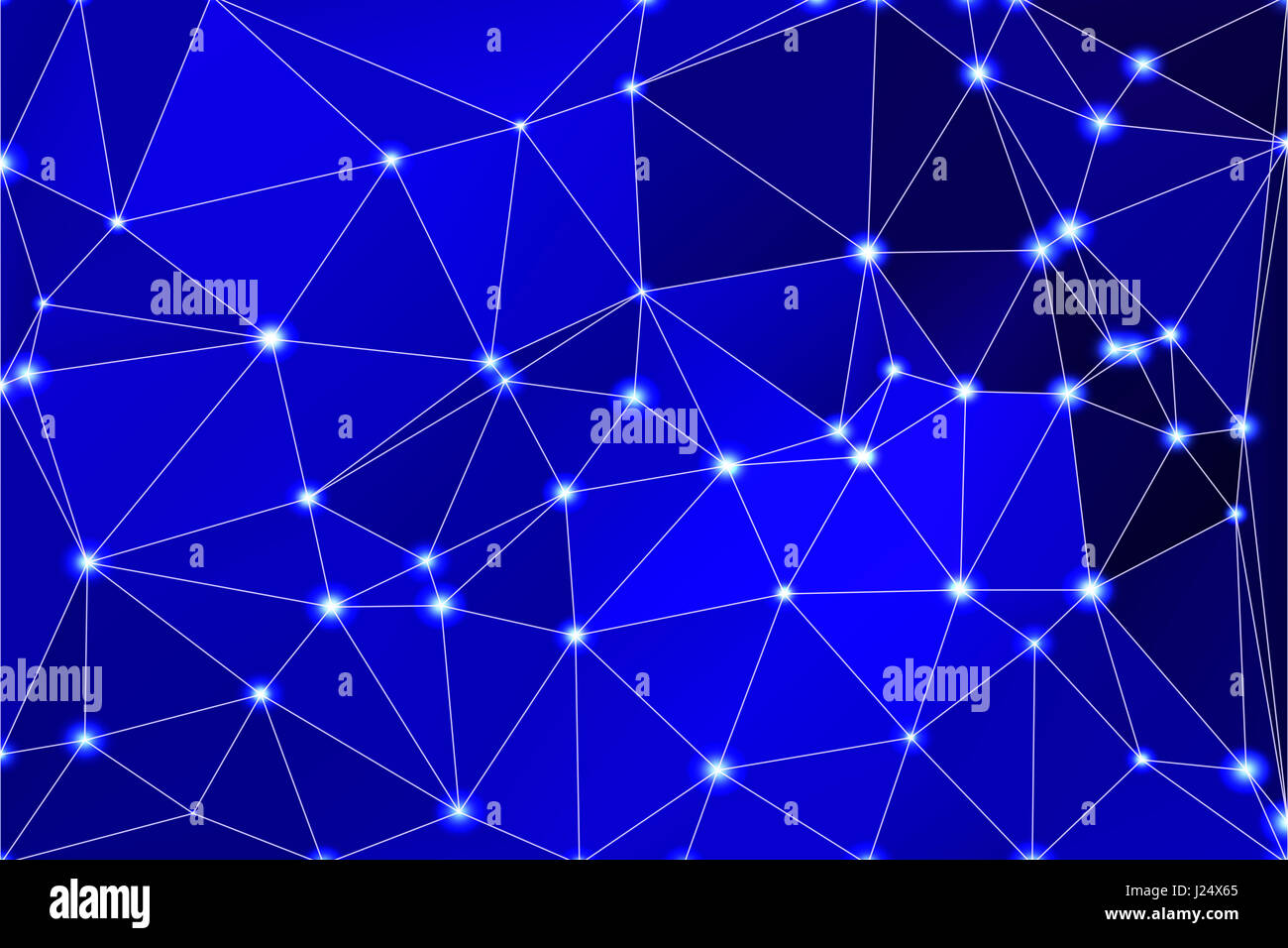 Dark blue abstract low poly geometric background with white triangle mesh and defocused lights. Stock Photo