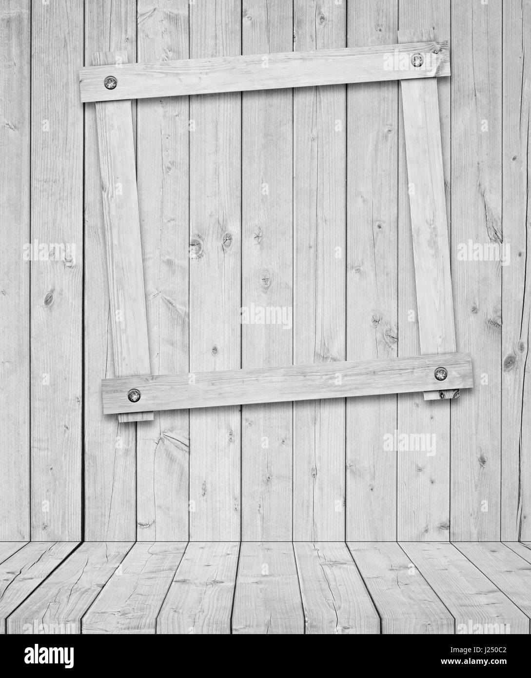 Light gray wooden planks, floors and frame attached to the wall Stock Photo