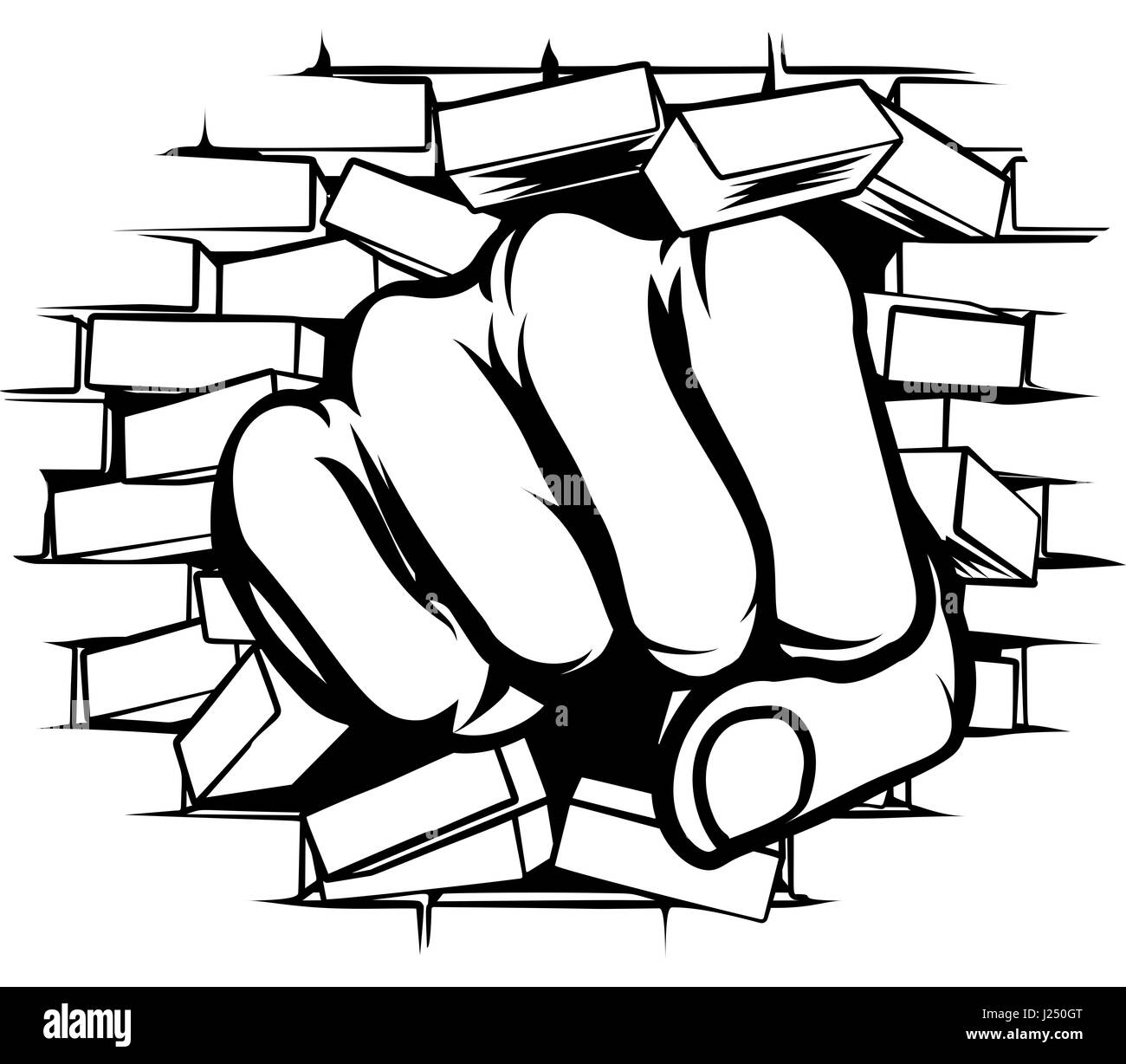 A pop art cartoon fist hand punching a through a brick wall Stock Photo