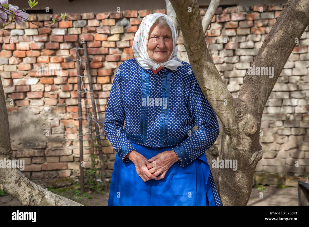 Portrait of an old woman from the traditional Moravian region of Czech Republic in her garden Stock Photo