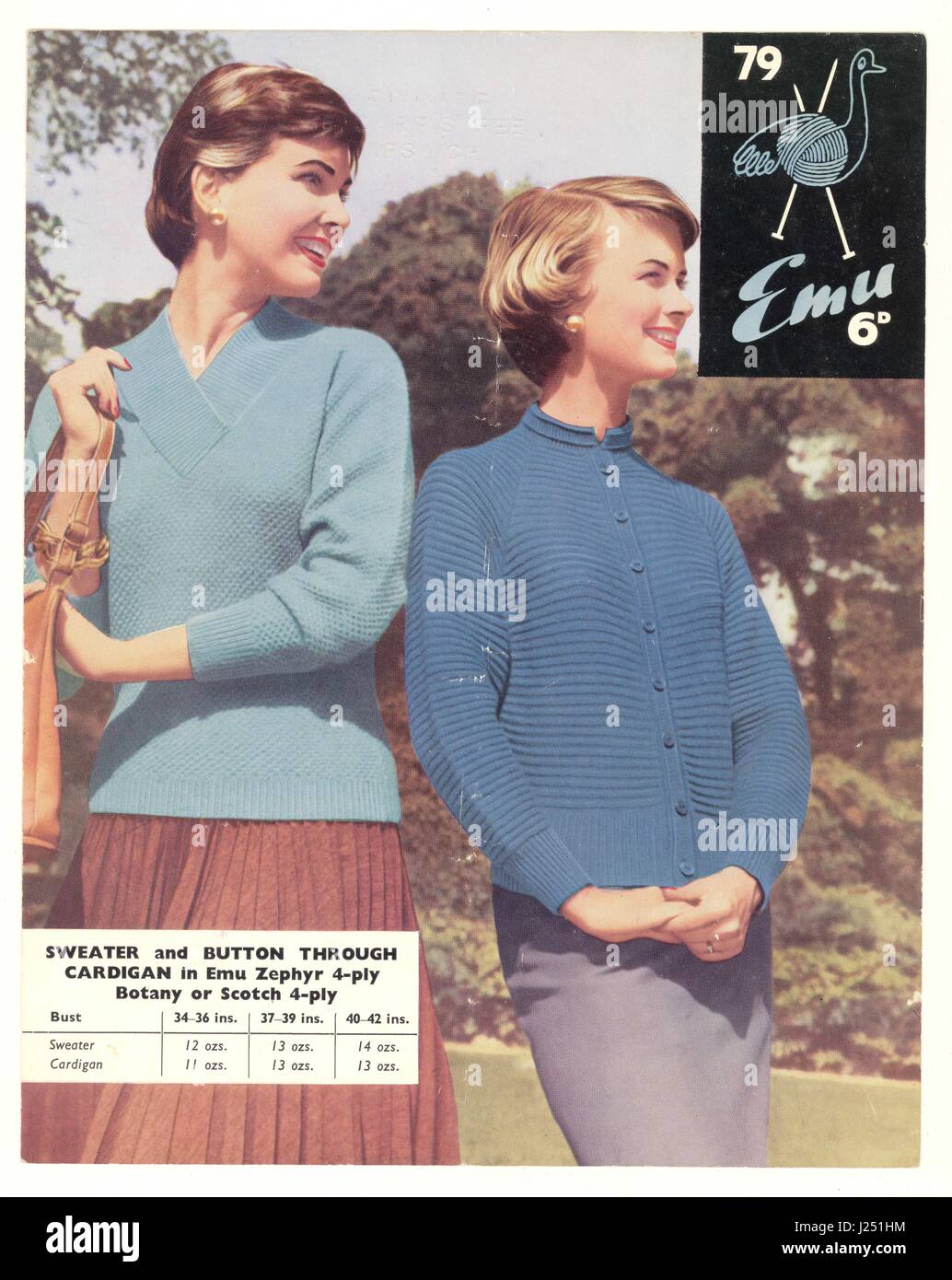 Original retro Emu knitting pattern from the 1950's - the models are wearing a blue v-necked sweater and button through cardigan, U,K. Stock Photo