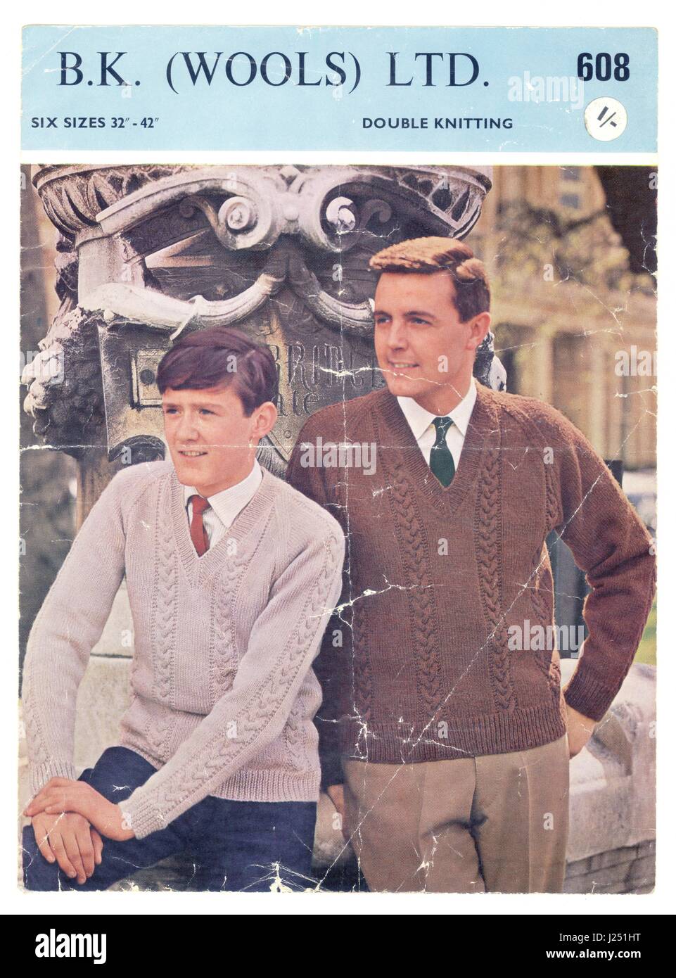 Retro knitting pattern from the 1950's, a man and his older teenage son model V knecked cable knit jumpers. This comapny was in Yorkshire, England, U.K. Stock Photo