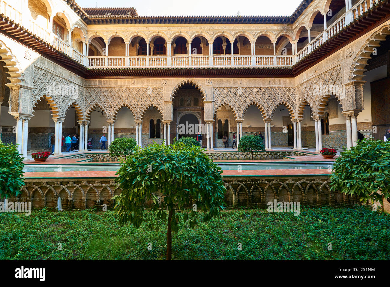 View of the Medieval garden and courtyard, the Patio de las Doncellas, of the Royal Palace, Sevilla, Spain, Europe Stock Photo