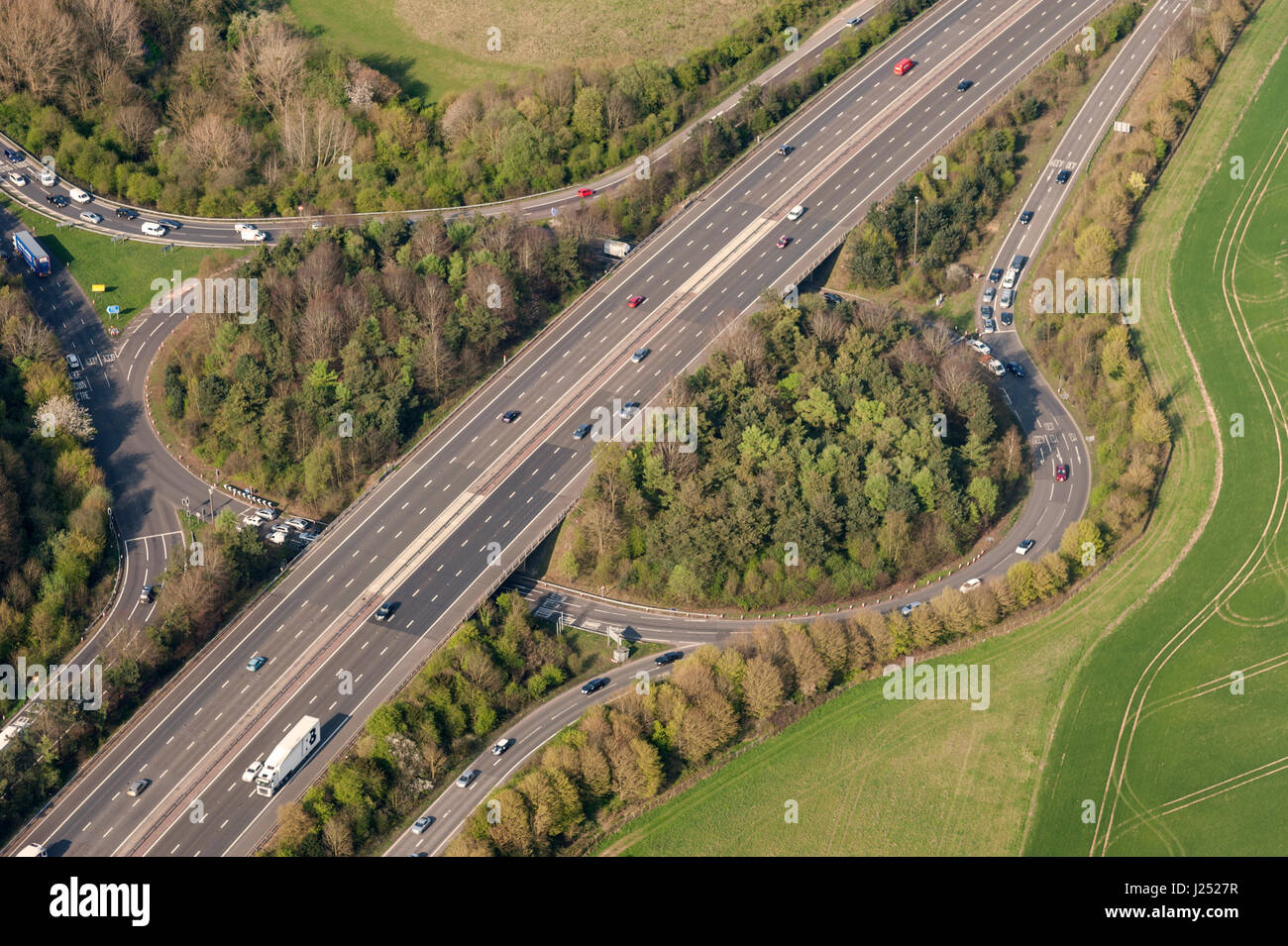 AERIAL VIEW of motorway freeway network in Hampshire United Kingdom Stock Photo