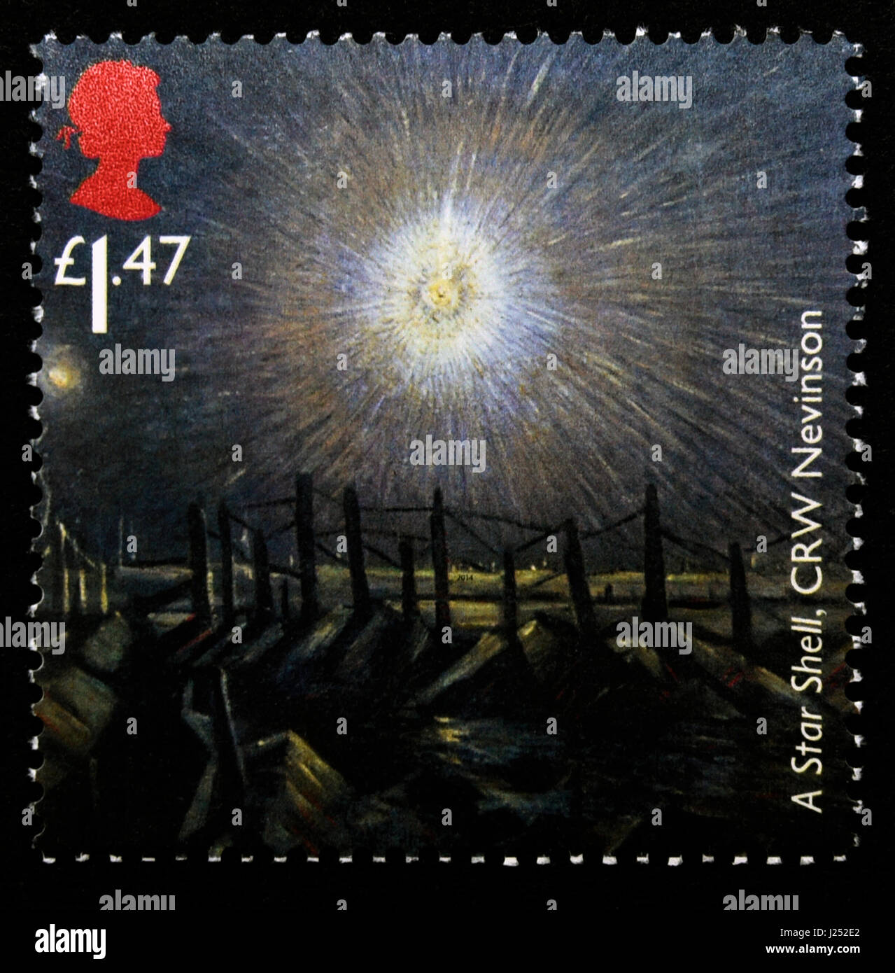 Postage stamp. Great Britain. Queen Elizabeth II. 2014. The First World War 1914 Souvenirs. A Star Shell by CRW Nevinson. Stock Photo