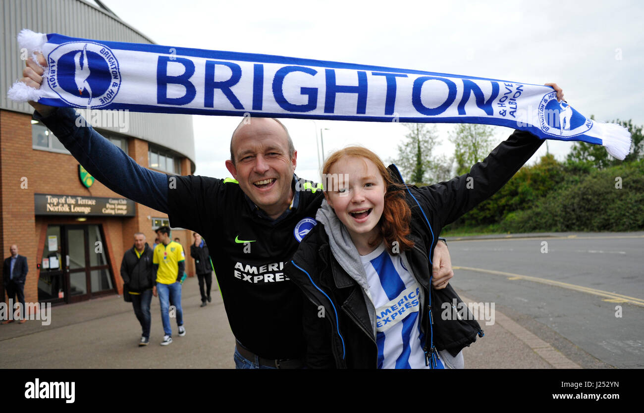 Brighton fans arrive for the Sky Bet Championship match between Norwich City and Brighton and Hove Albion at Carrow Road in Norwich. April 21, 2017. Photo Simon Dack / Telephoto Images Stock Photo