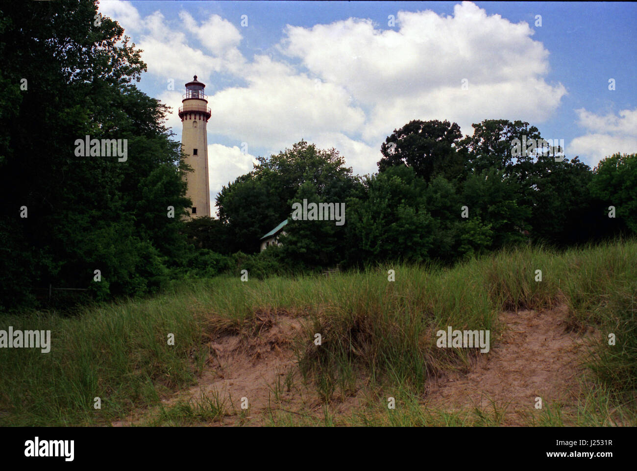 Beach grass covers the sand dunes at the Grosse Point Lighthouse on