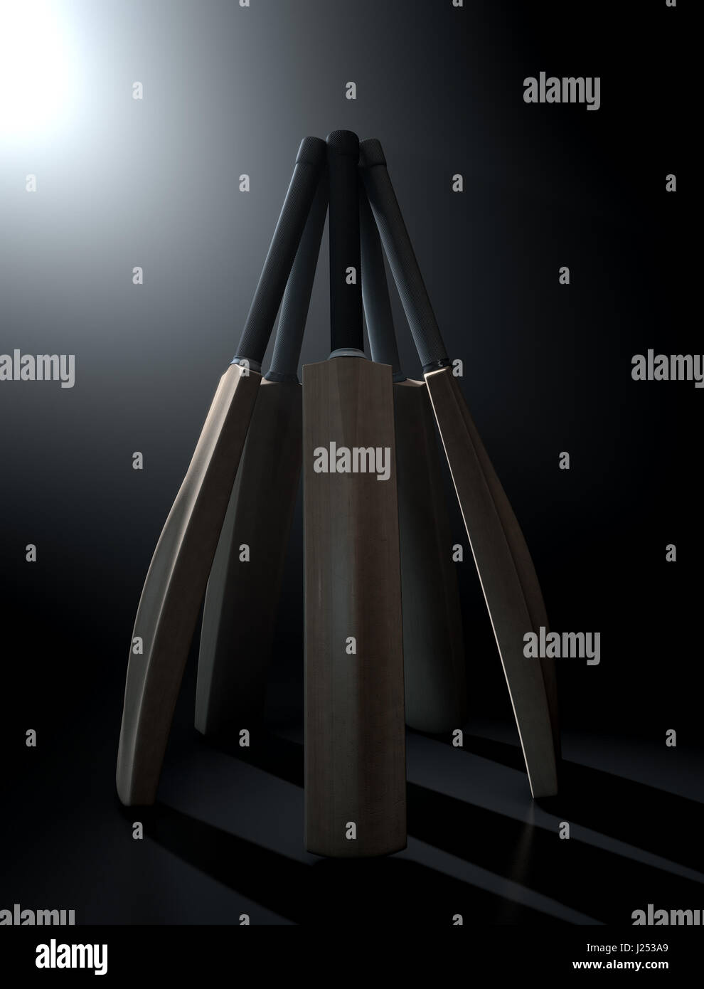 Crocket Bat Array A circular array of generic cricket bats on a dark dramatic backlit ...