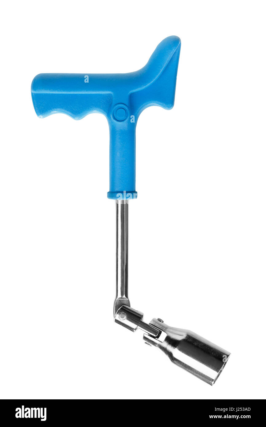 Spark plugs key with blue handle isolated on white background Stock