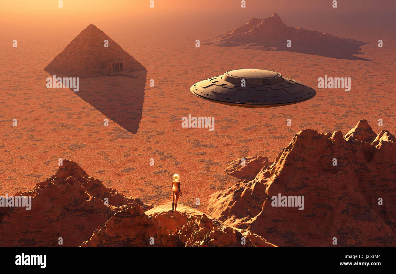 An Alien Being Possibly A Martian , Looking Down On An Ancient Pyramid On The Surface Of Mars. Stock Photo