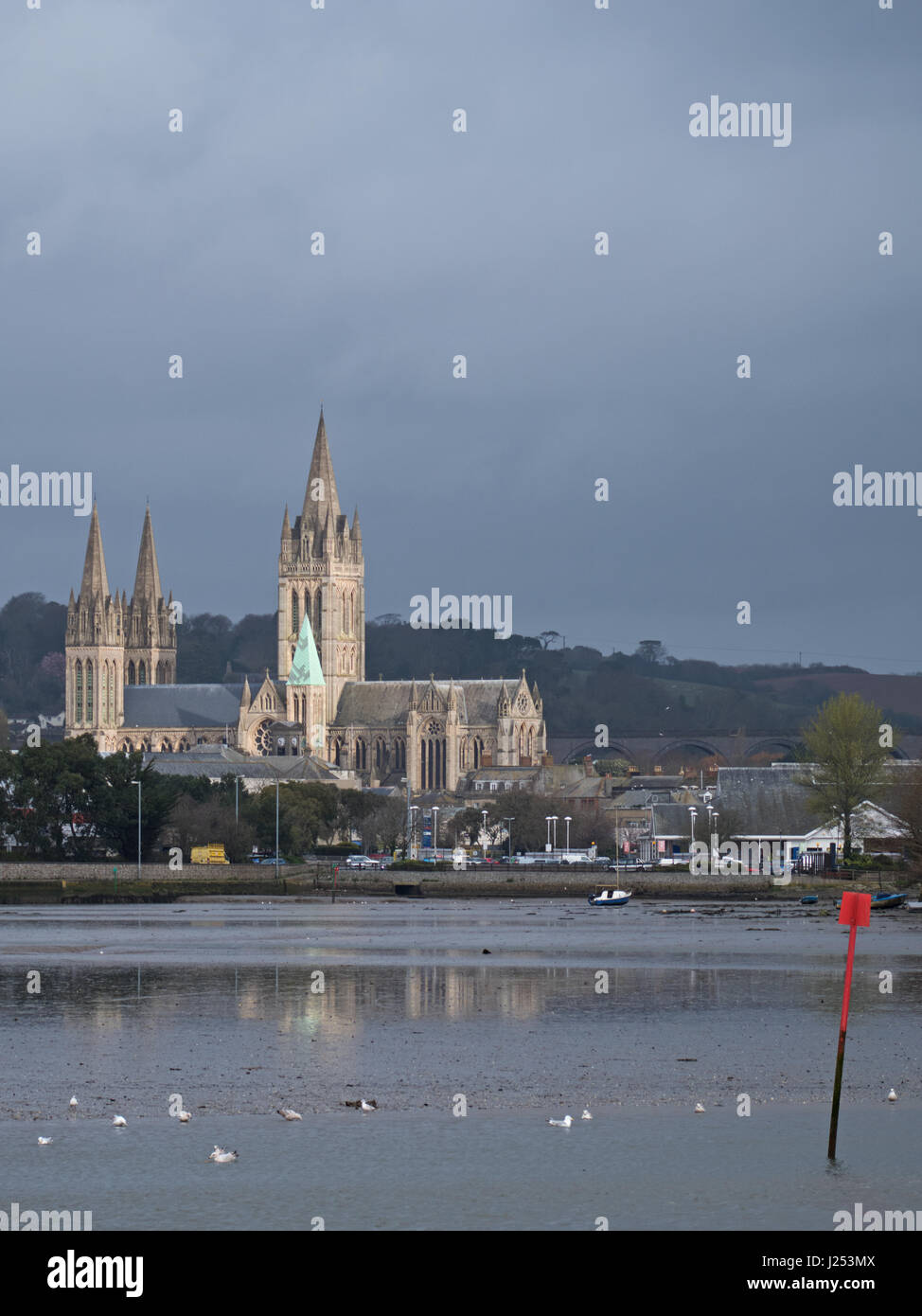 The cathedral of the Blessed Virgin Mary and riverside in Truro, Cornwall, with the tide ebbing. Truro is the UK's most southerly city Stock Photo