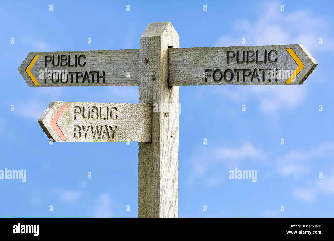 Public Footpath and Public Byway sign against blue sky. Stock Photo