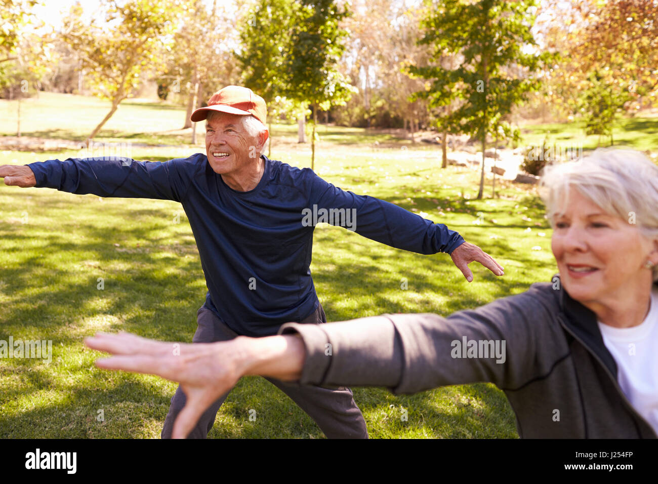 Senior Couple Doing Tai Chi Exercises Together In Park Stock Photo - Alamy