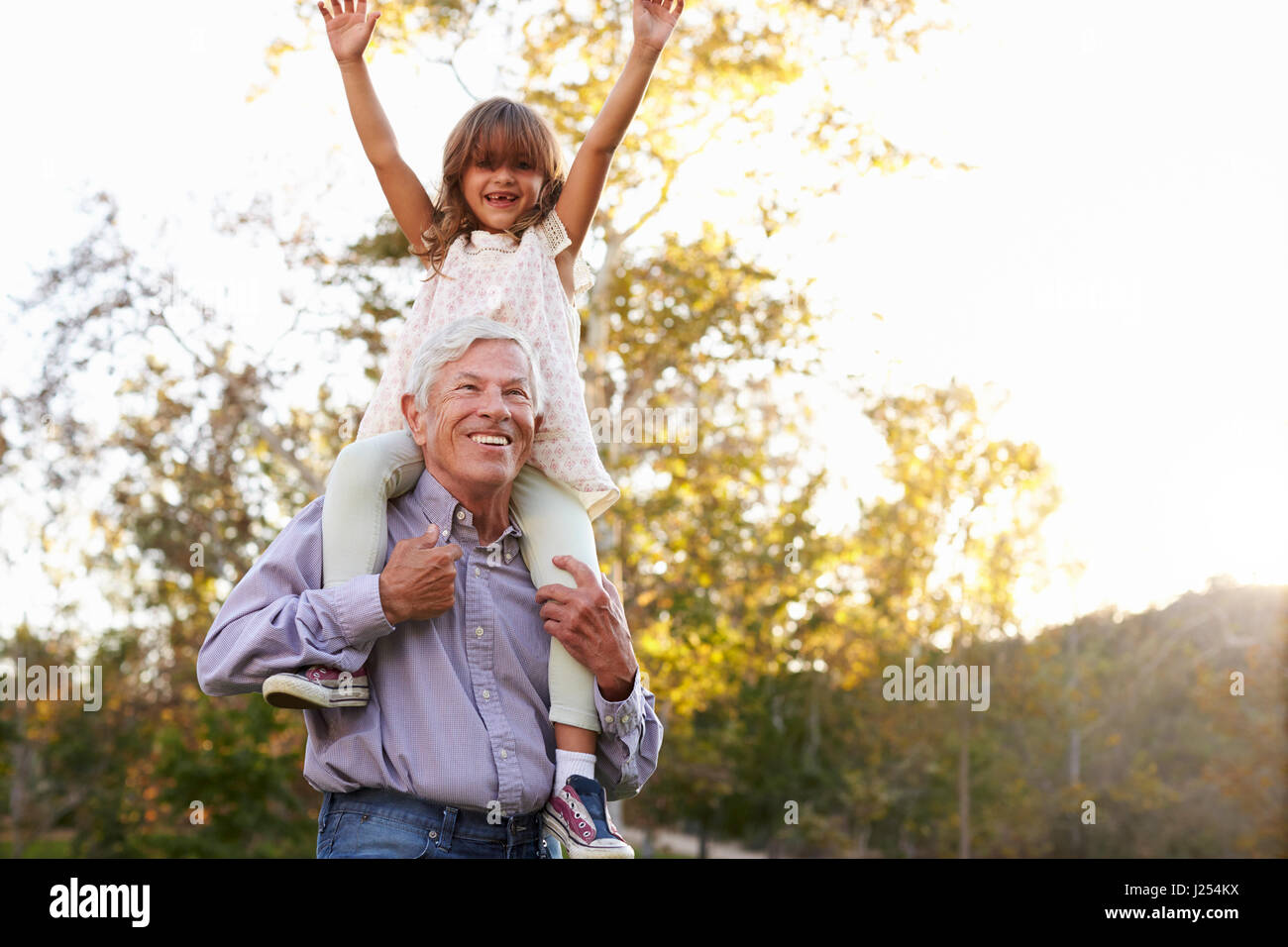 Grandfather Giving Granddaughter A Shoulder Ride In Park Stock Photo ...
