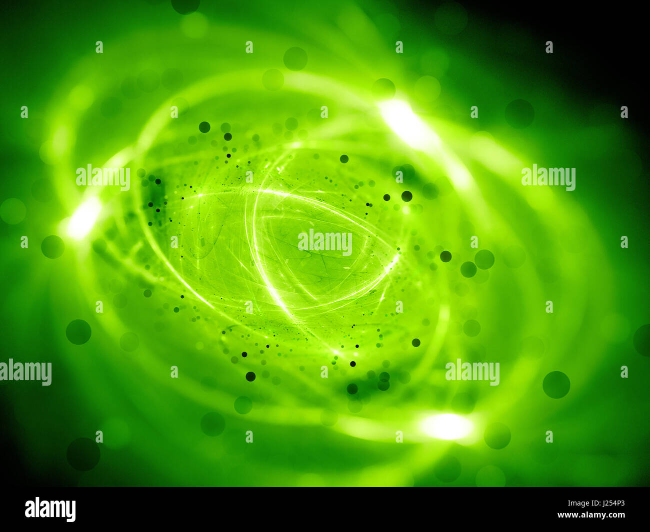 Green glowing plasma curves with particles or VPN network, computer