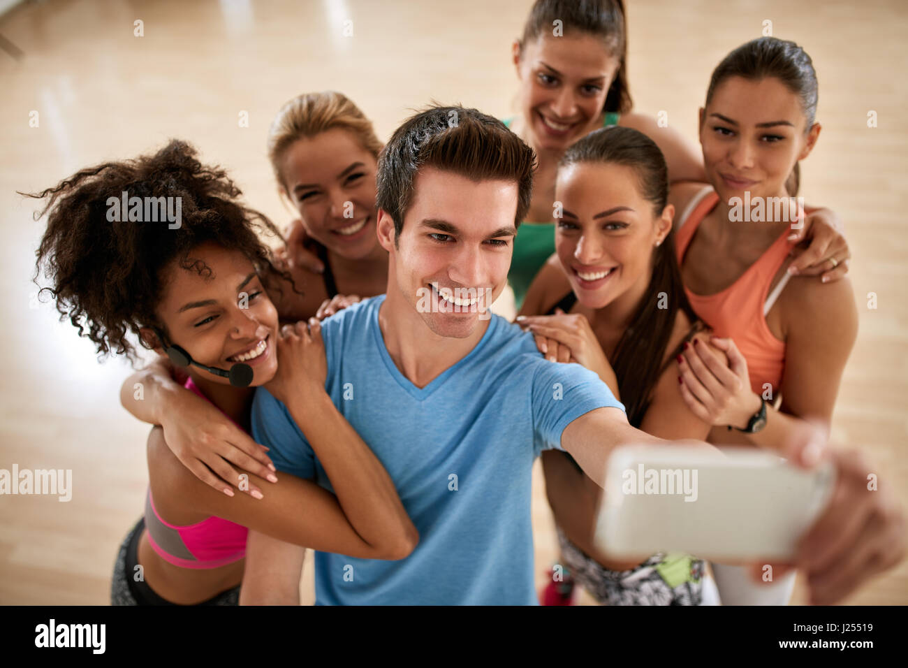 Sports group in fitness gym make group selfie Stock Photo