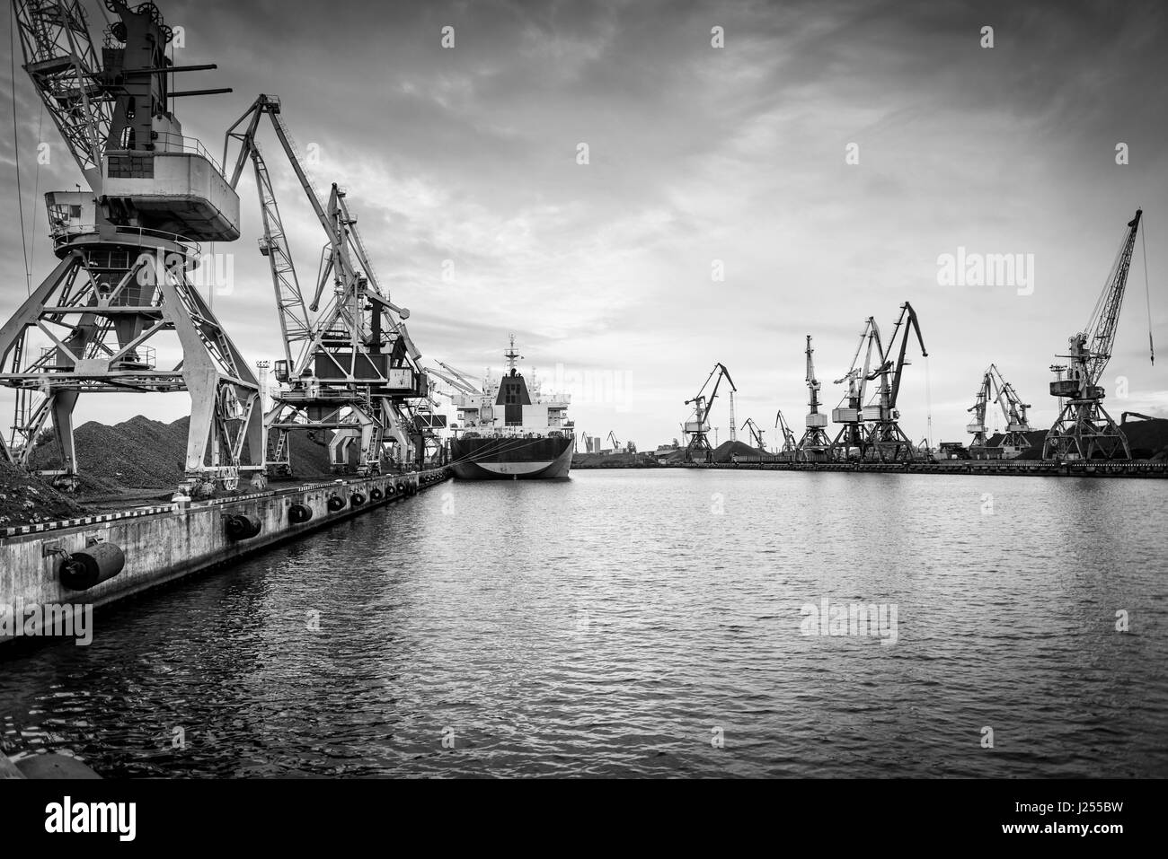 Ships and cranes at a port terminal. Stock Photo