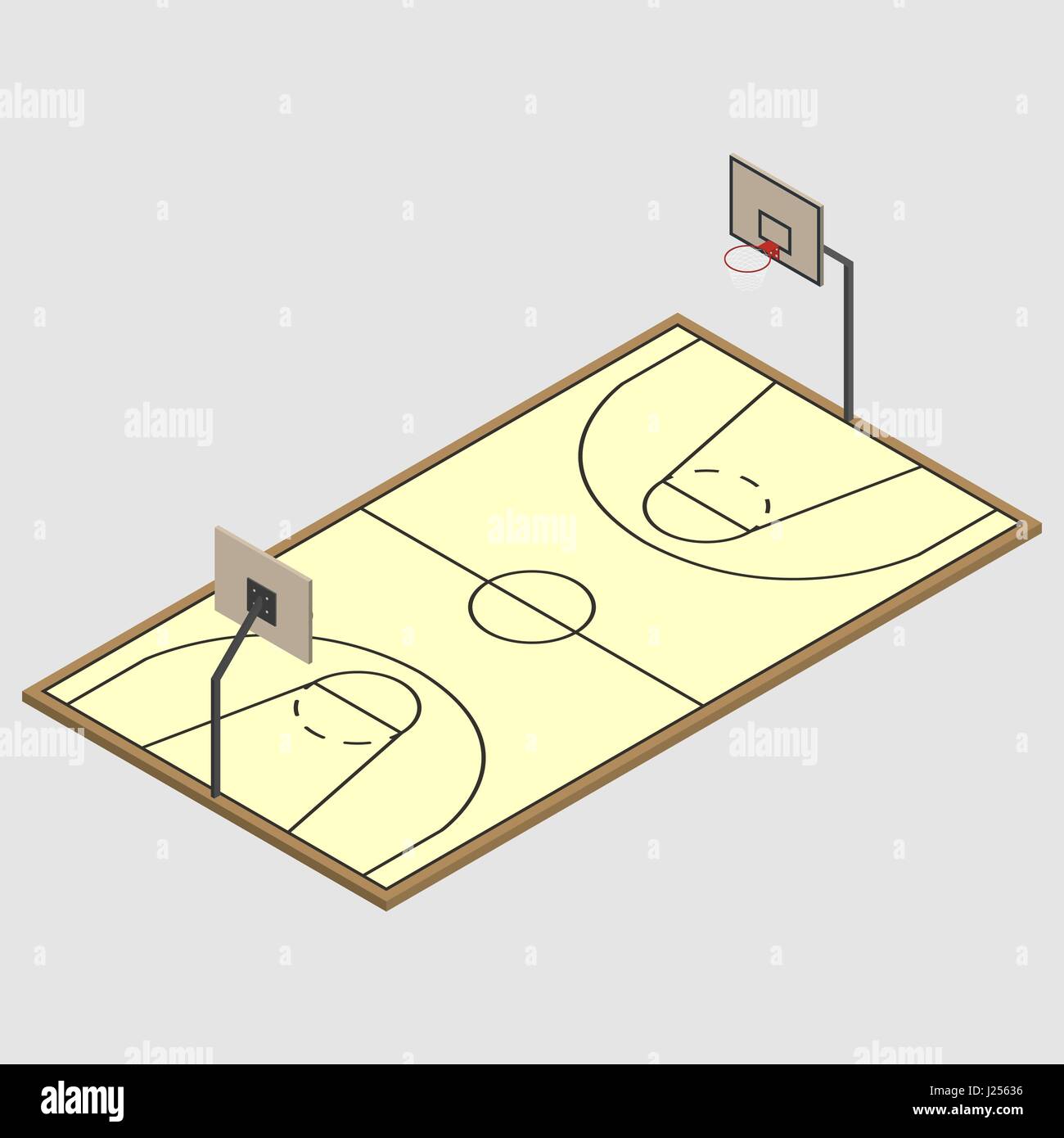 Field for play basketball with a markings and basket, isolated on white background. Element design of playgrounds. Flat 3D isometric style, vector ill Stock Vector