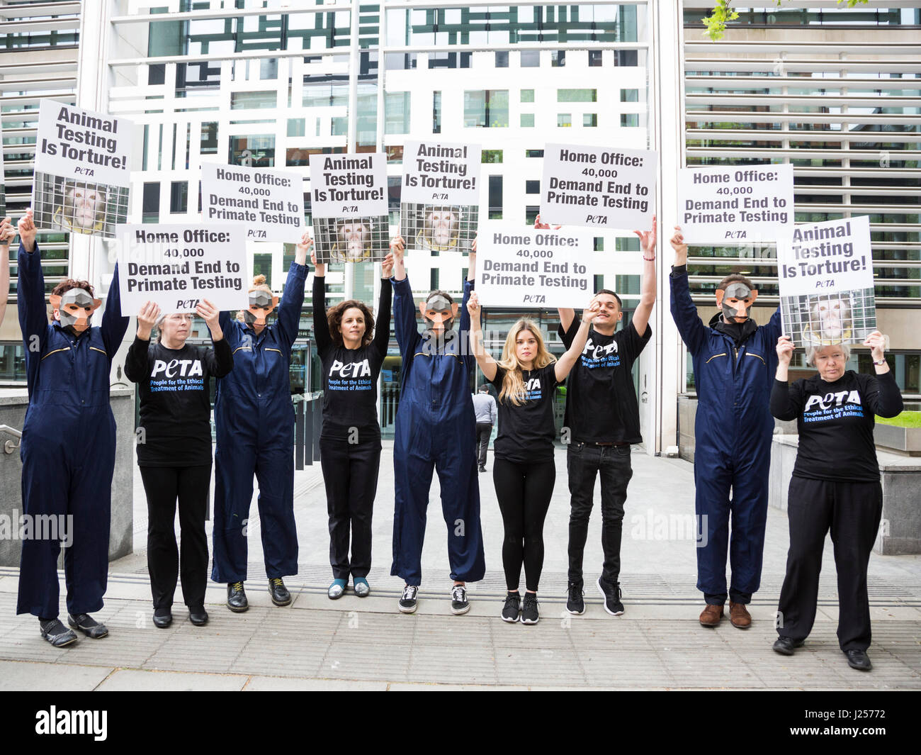 London, UK. 24 April 2017. To mark World Day for Animals in Laboratories, PETA members gathered outside the Home Office wearing monkey masks to protest experimenters' attempts to change the category of suffering assigned to neurological experiments on primates from 'severe' to 'moderate'. A letter with more than 40,000 signatures was delivered to the Home Office calling on the government not only to reject attempts to downgrade severity classification but also to end these cruel experiments altogether. Stock Photo