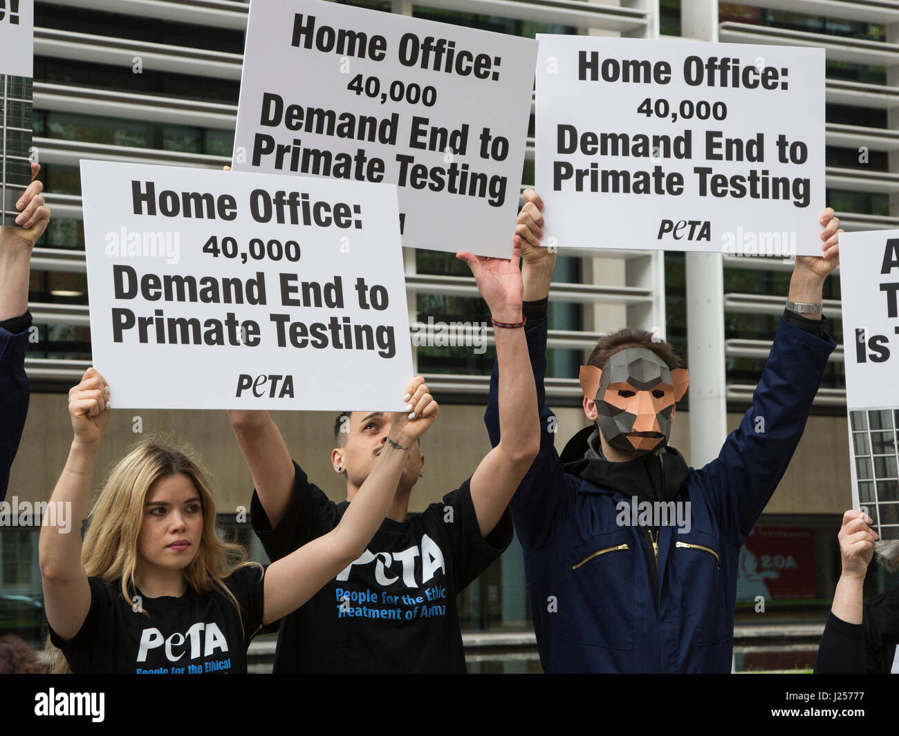 London, UK. 24 April 2017. To mark World Day for Animals in Laboratories, PETA members gathered outside the Home Office wearing monkey masks to protest experimenters' attempts to change the category of suffering assigned to neurological experiments on primates from 'severe' to 'moderate'. A letter with more than 40,000 signatures was delivered to the Home Office calling on the government not only to reject attempts to downgrade severity classification but also to end these cruel experiments altogether. Stock Photo