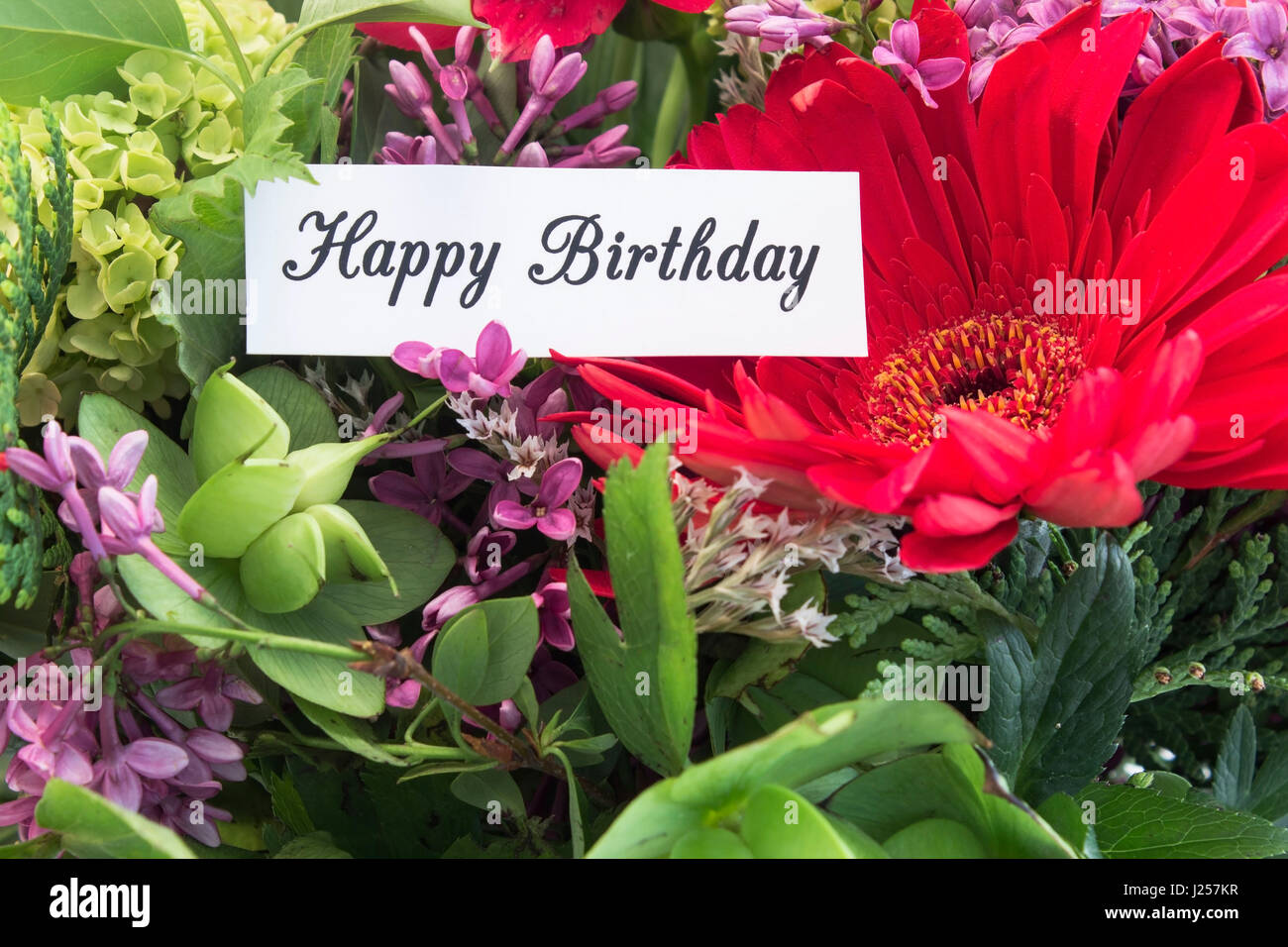 Happy Birthday Card With Bouquet Of Spring Flowers Stock Photo Alamy