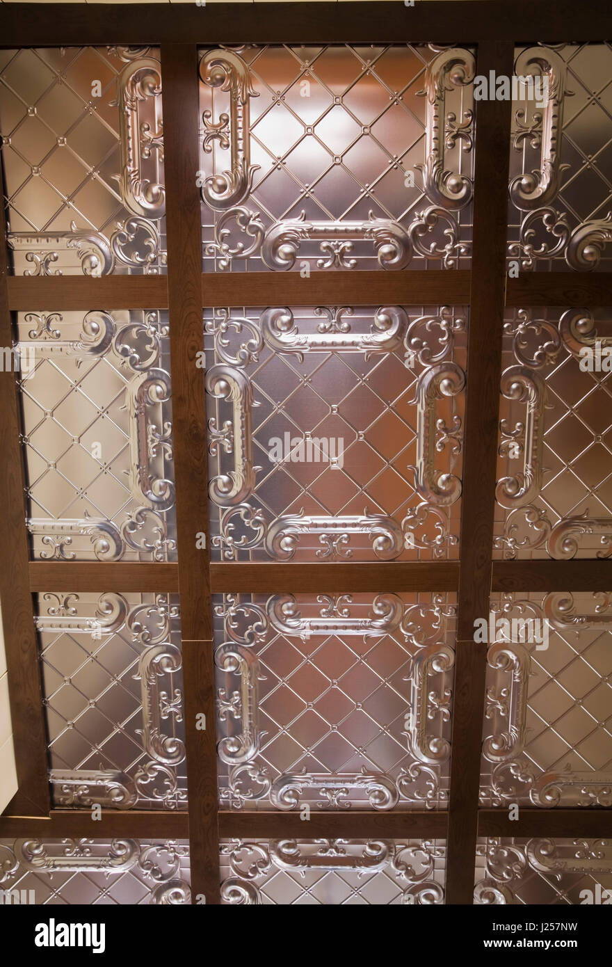 Stamped Tin Coffered Ceiling Inside An Old Canadiana Cottage