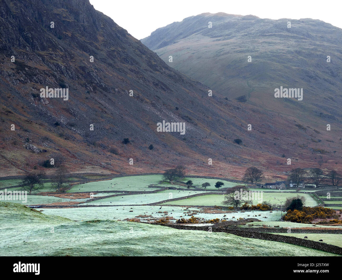 Sun rising on a frosty spring morning in the Englsh Lake District, Wastdale, Cumbria Stock Photo