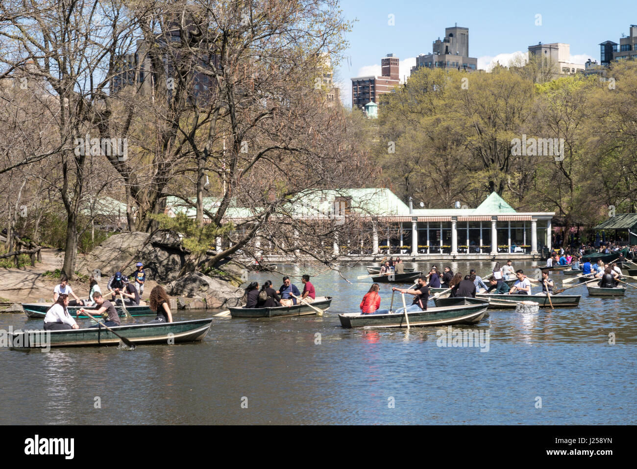 The Lake and Loeb Boathouse in Central Park, Springtime, NYC, USA Stock