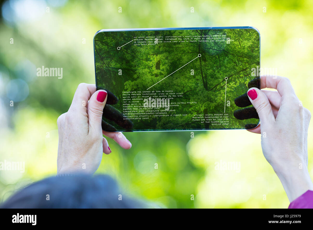 hands of a woman, concept of tourist using augmented reality on a high tech transparent digital tablet Stock Photo