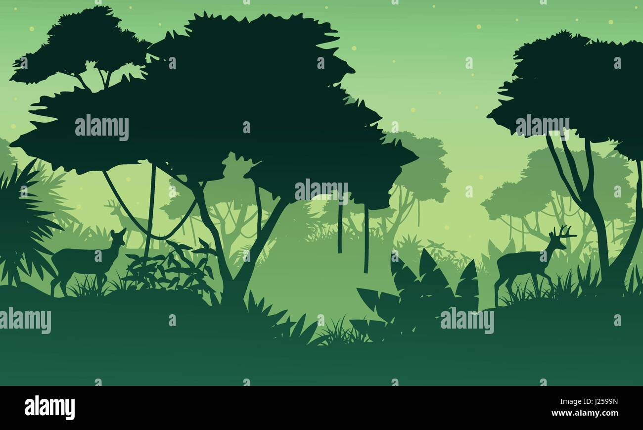 Landscape of jungle with deer silhouette Stock Vector