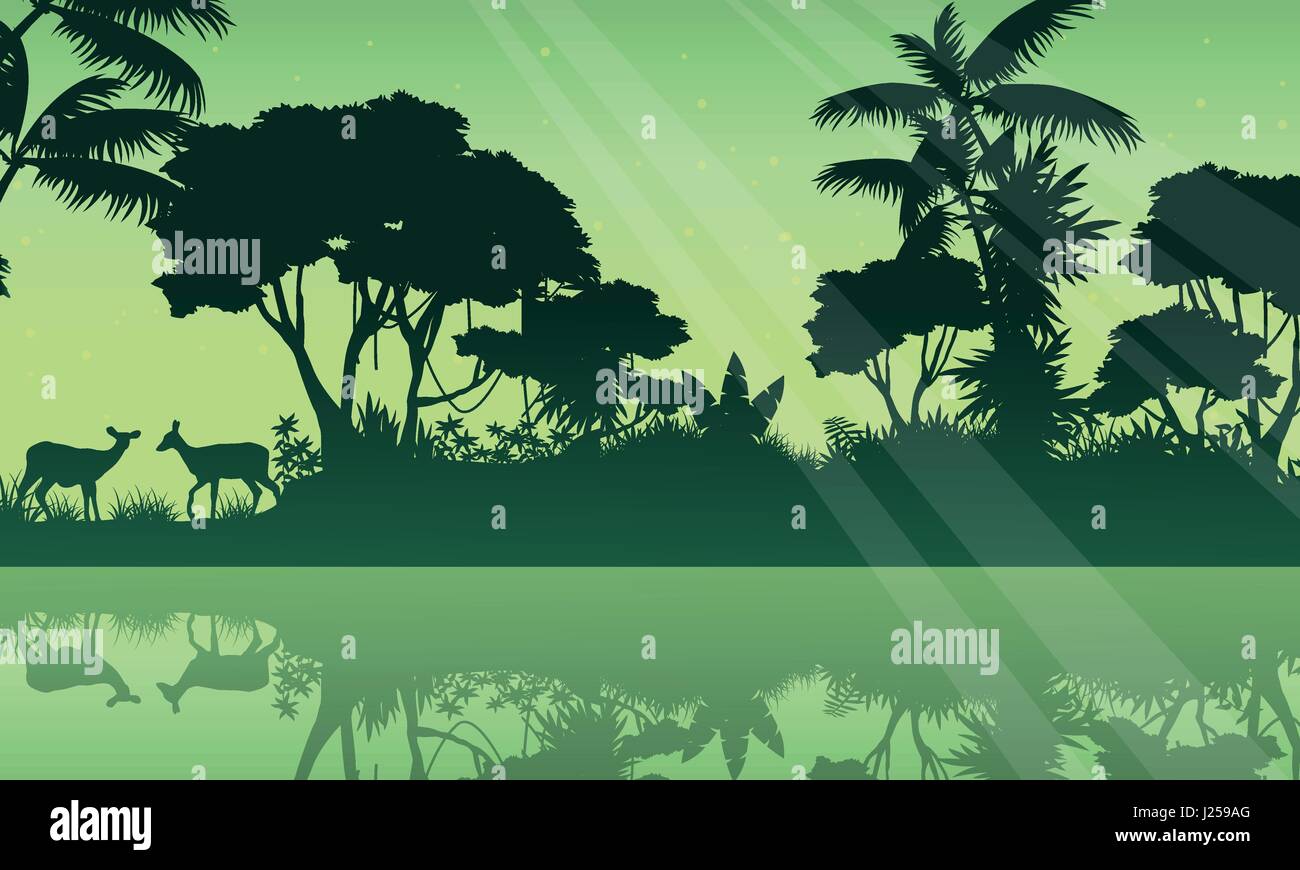 Silhouette jungle and lake scenery Stock Vector