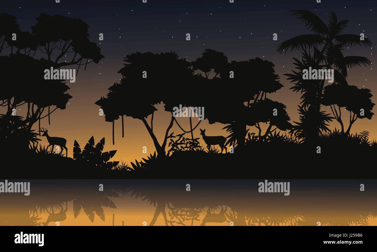 Beauty scenery with jungle silhouettes Stock Vector