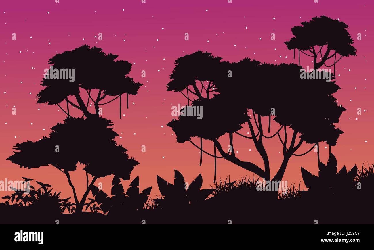 Landscape of jungle with big tree silhouette Stock Vector Image & Art