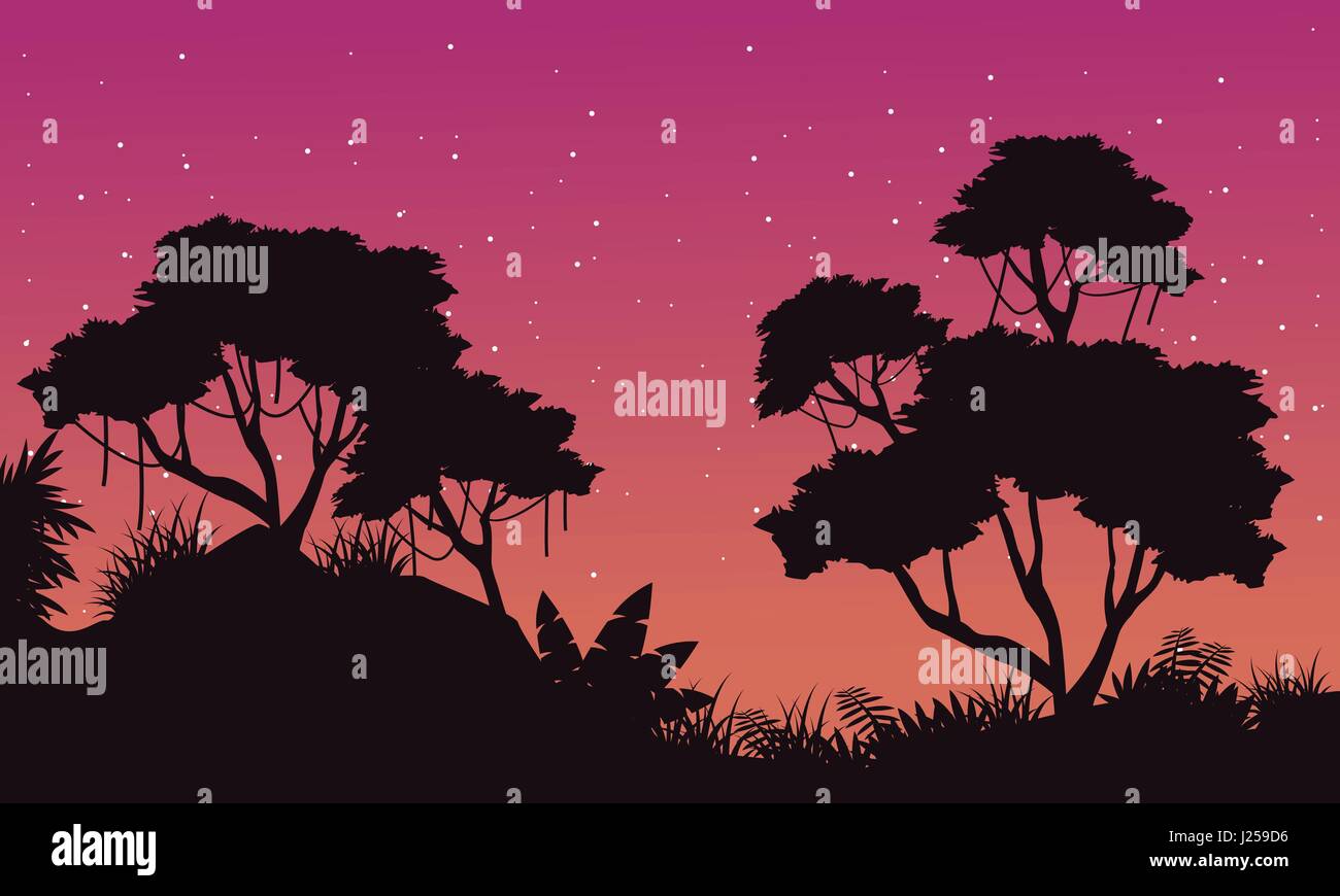 Silhouette of jungle at night landscape Stock Vector