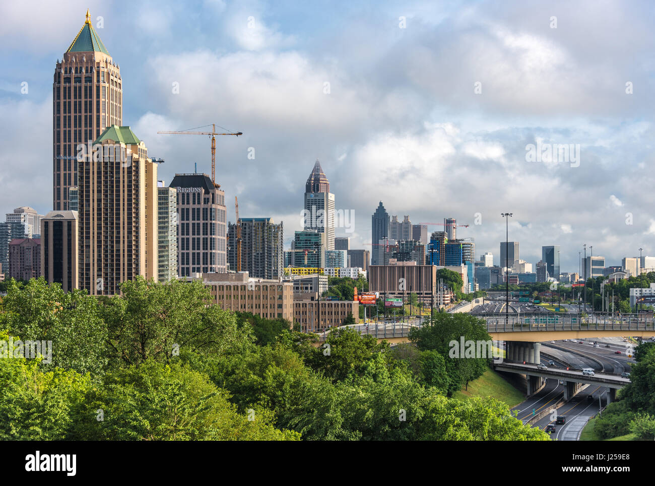 Atlanta city skyline along the I-75/85 Downtown Connector in Atlanta, Georgia, USA. Stock Photo