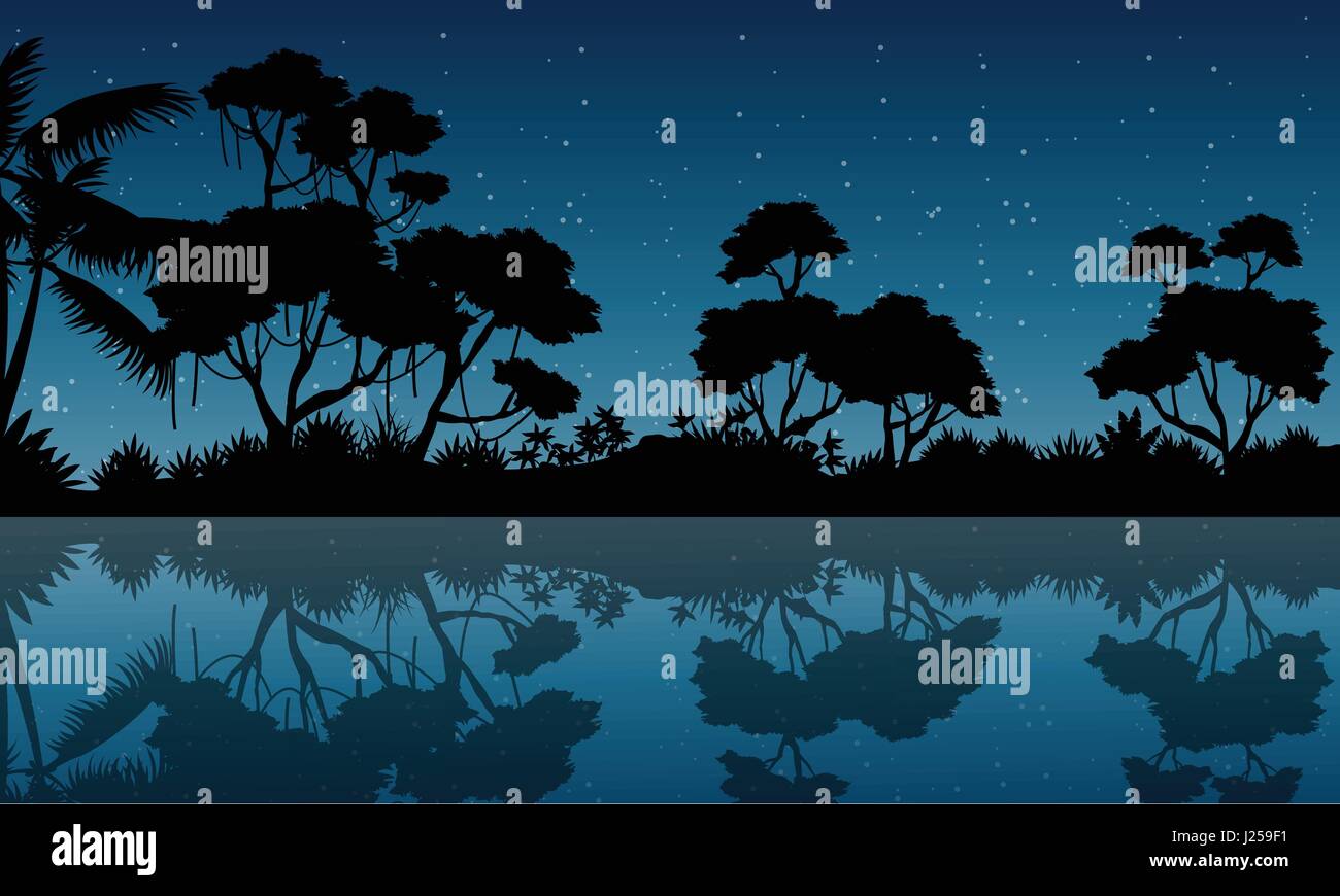Silhouette of forest with reflection scenery Stock Vector