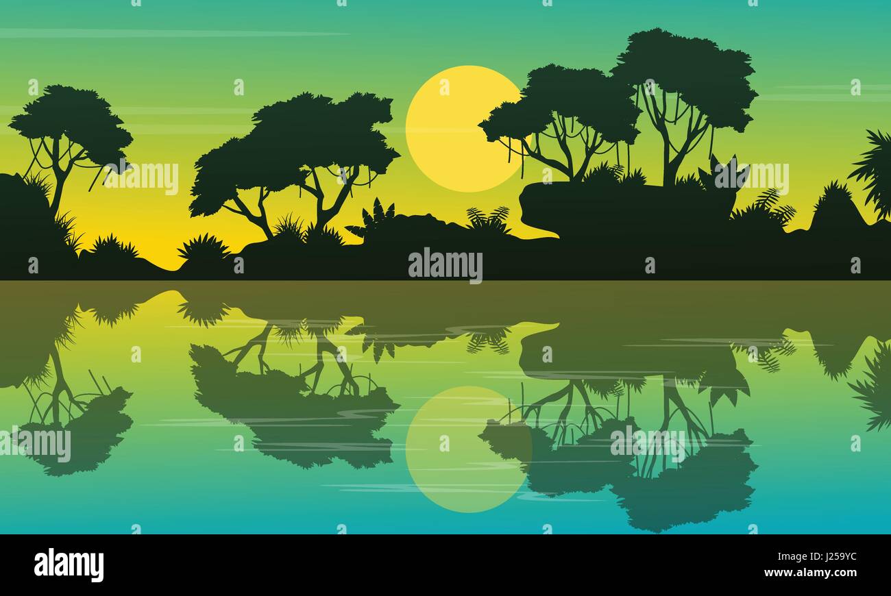 Landscape jungle at morning silhouettes Stock Vector