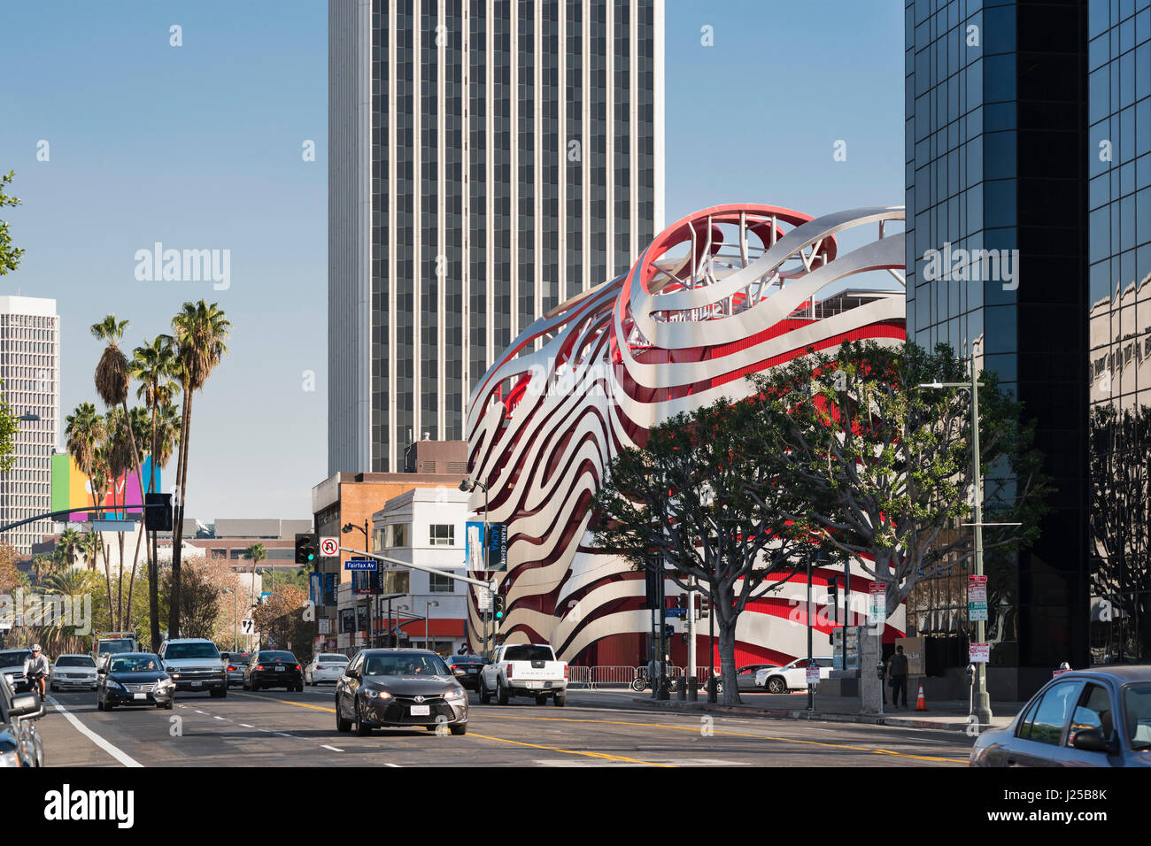 Contextual exterior view looking east on Wilshire Boulevard. Petersen