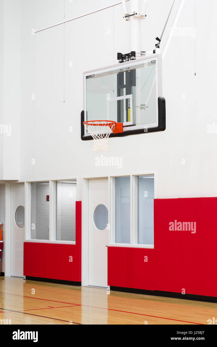 Interior detail in the basketball court. Convent of the Sacred Heart Athletics Center, New York, United States. Architect: BKSK Architects, 2014. Stock Photo