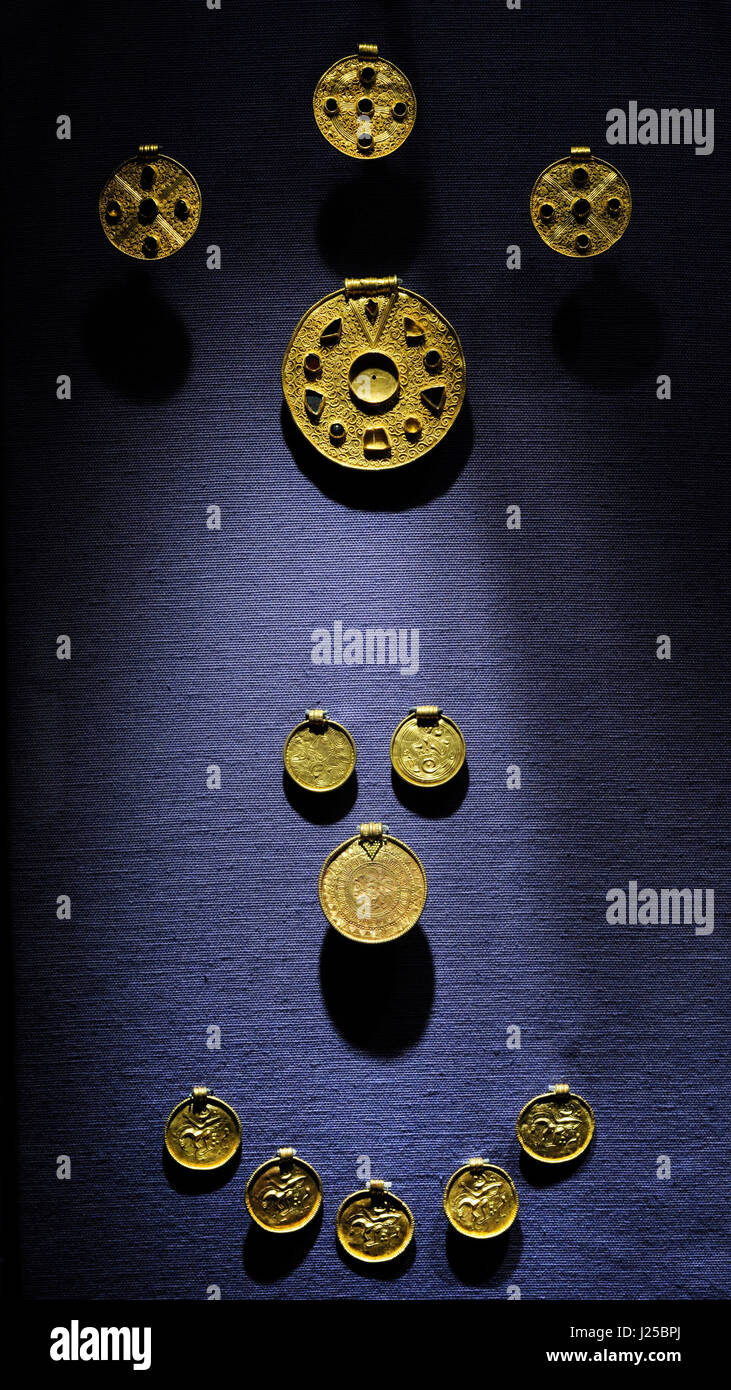 Scandinavia. 4 medaillons, 17 bracteates and a sword scabbard mount. Sletner, Eidsberg, Ostfold. 5th-6th century. Scandinavia. Norway. Historical Museum. Oslo. Norway. Stock Photo