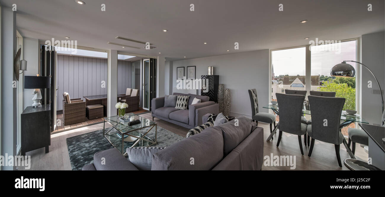 Penthouse view towards balcony. Angels Courtyard Apartments, Colchester, United Kingdom