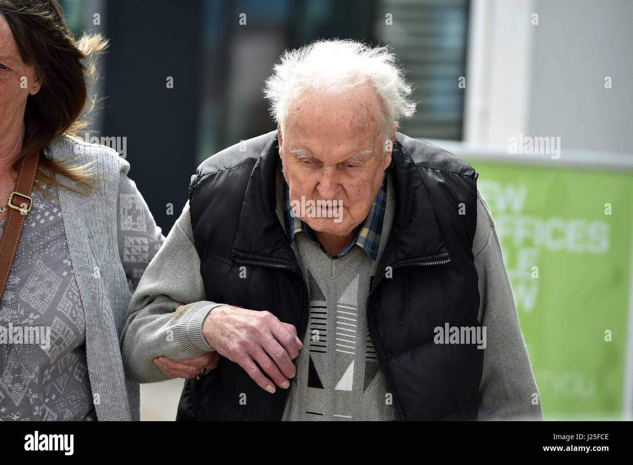 Denver Beddows, 95, who attacked his wife Olive, 88, in an attempted mercy killing, at their home in Warrington, Cheshire, after she begged him to take her life because she did not want to die in a care home or a hospital, leaves Liverpool Crown Court where he was spared jail. Stock Photo