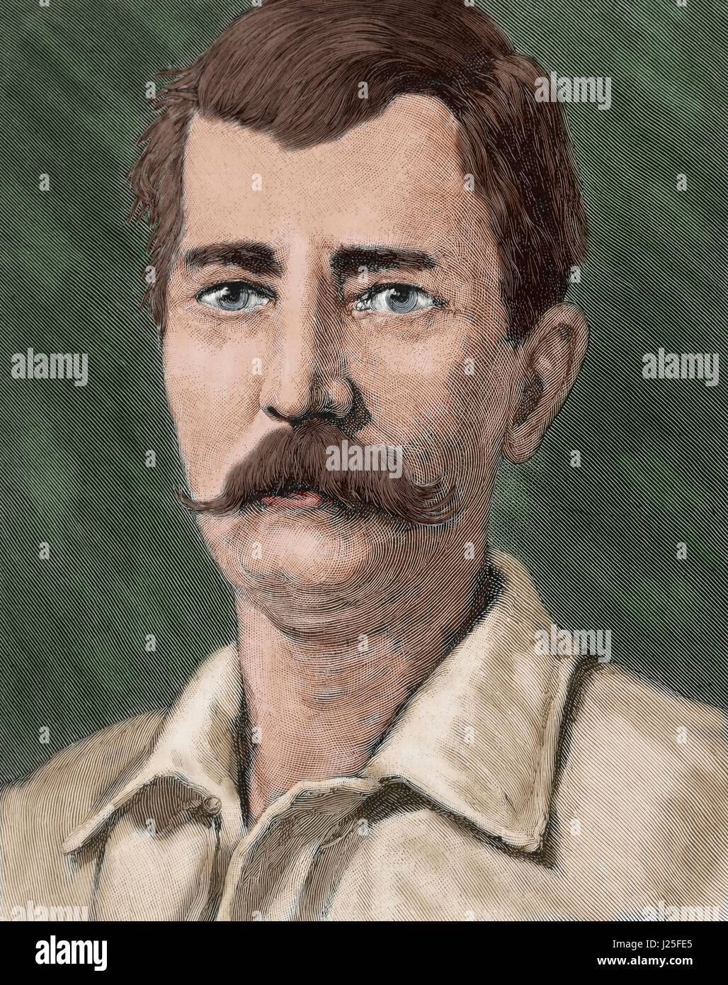Henry Morton Stanley (1841-1904).  British journalist and explorer. Portrait. Engraving. Colored. Stock Photo