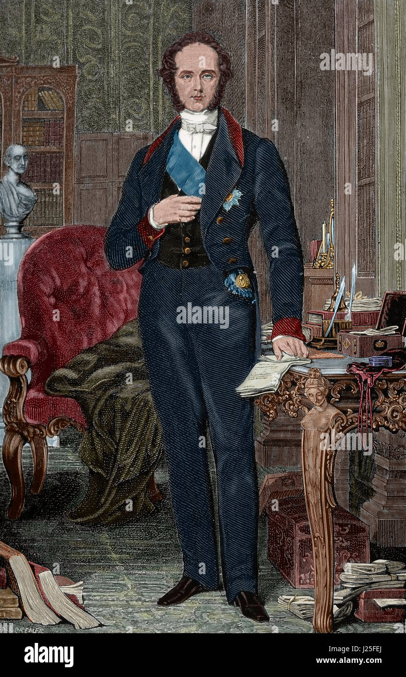 Henry John Temple, 3rd Viscount Palmerston (1784-1865). British statesman. He served twice as Prime Minister of the United Kingdom. Portrait. Engraving. Colored. Stock Photo