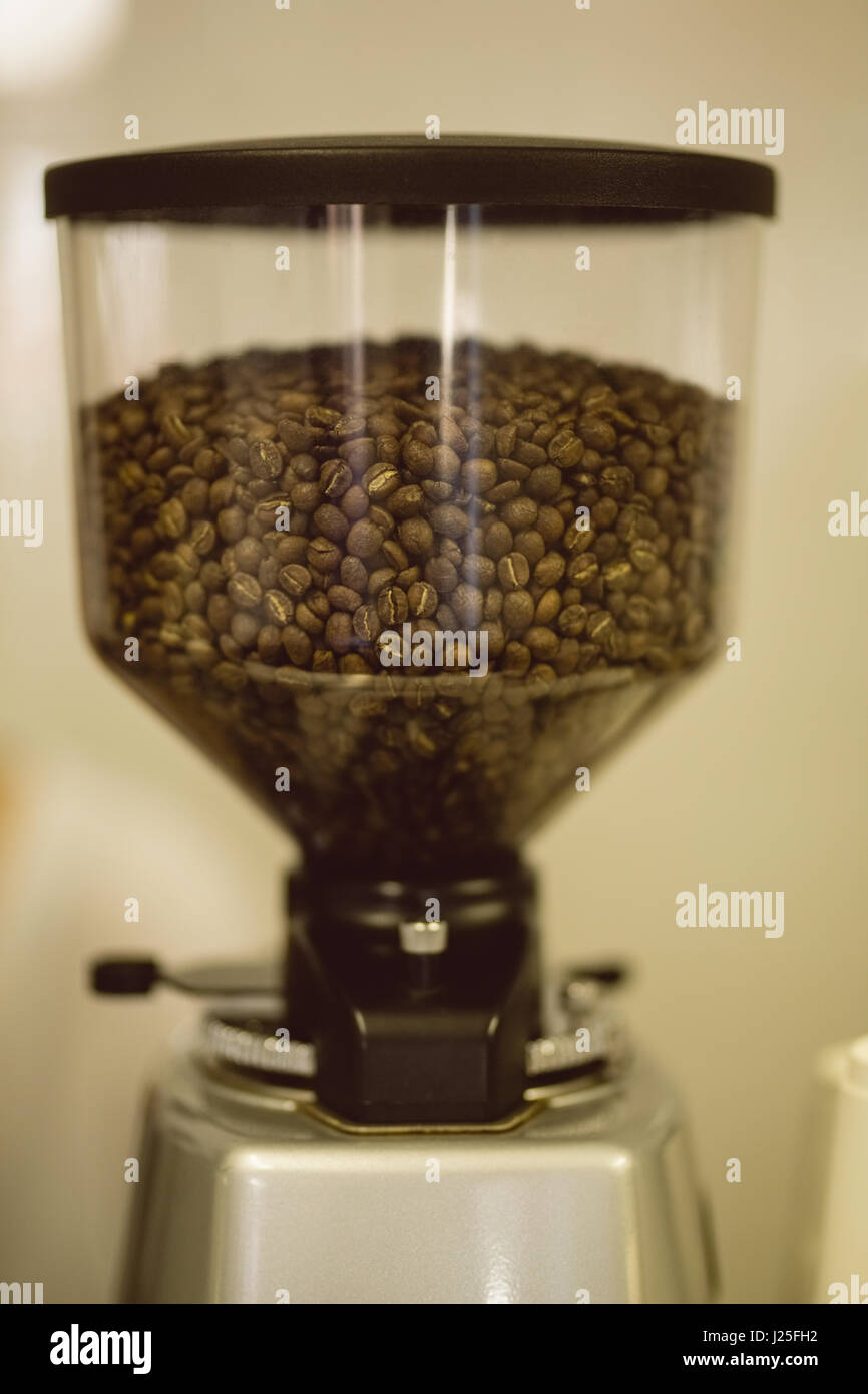 Coffee beans in coffee grinding machine in coffee shop Stock Photo Alamy