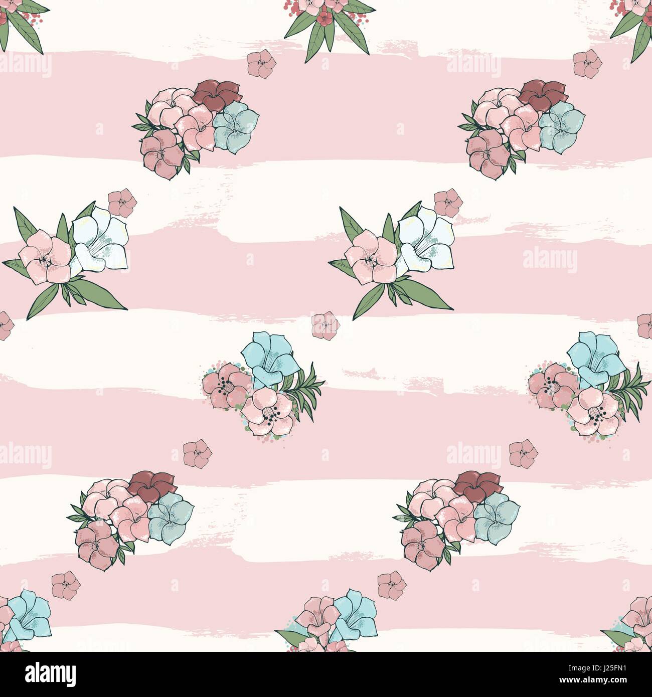 Vector gentle seamless pattern. Exotic pink and blue flowers on striped ...