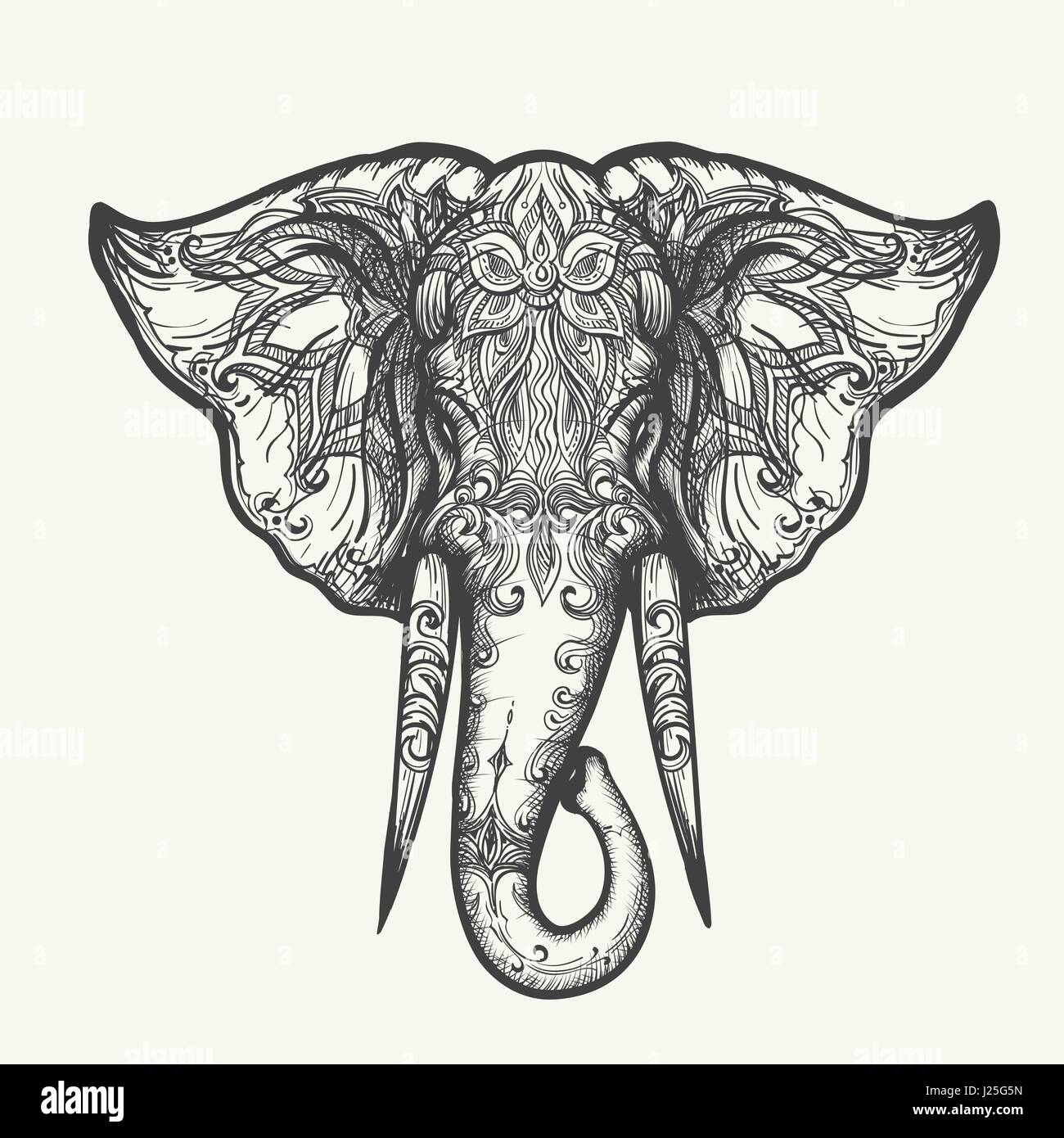 Elephant Head in Henna style. Hand drawn black and white zentangle vector illustration. Stock Vector