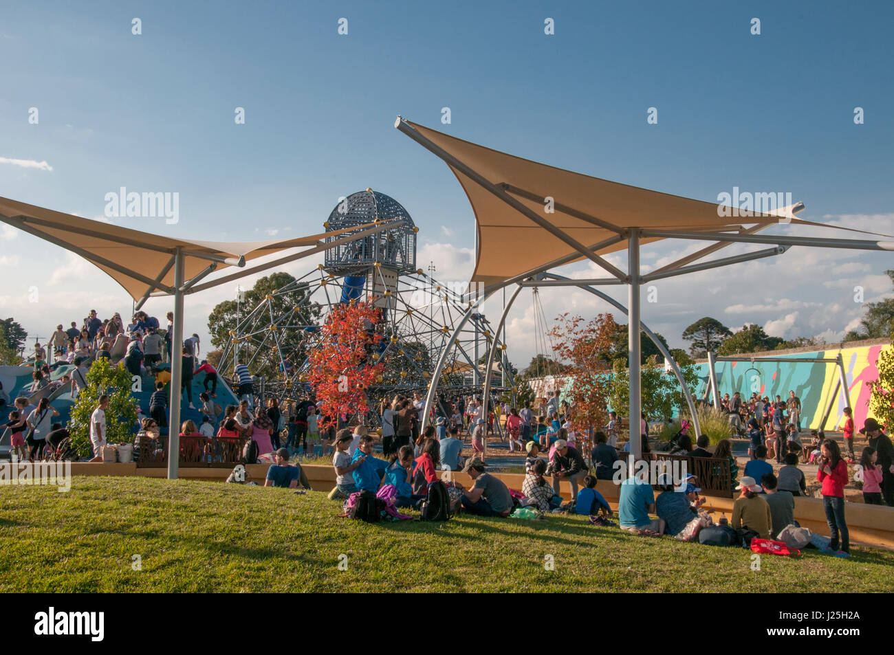 Weekend crowds patronising a newly-opened playground at Booran Reserve in Glenhuntly, Melbourne, Australia Stock Photo